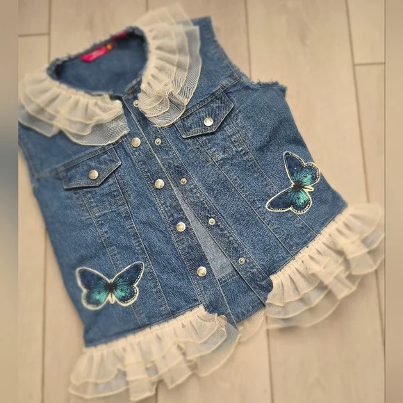 Upcycled Denim Vest with Ruffle Trim and Butterfly Patch Size Medium - Picture 2 of 11